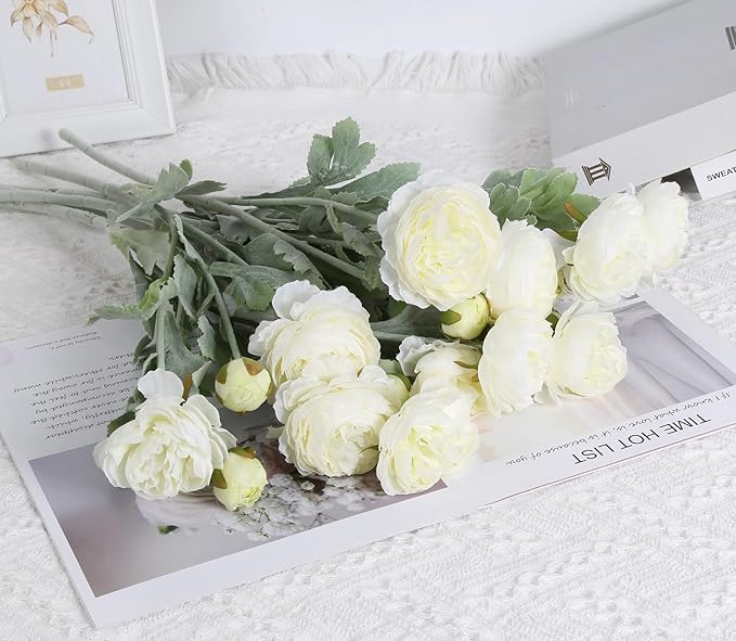 IPOPU White Peonies 6pcs White Artificial Ranunculus Flowers18Heads Faux Peonies 20.47" White Fake Flowers for Floral Arrangements Wedding Decorations for Home Decor Indoor