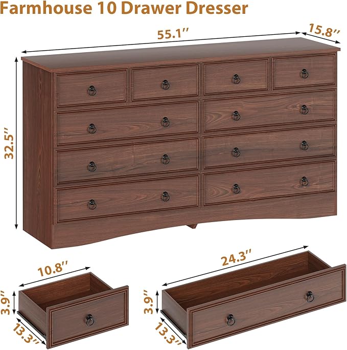 Dresser for Bedroom with 10 Drawers, Large Chest of Drawers Storage Organizer, Long Dresser Storage TV Stand for Living Room, Bedroom, Hallway Cherry Wood