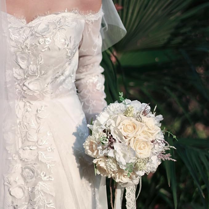 Wedding Bouquets for Bride Bridesmaid,Large Big Bridal Bouquet White Champagne Ivory Artificial Fake Silk Roses Flowers for Wedding French Vintage Boho Rustic Church Decoration Toss Bouquet (9.5in(L))