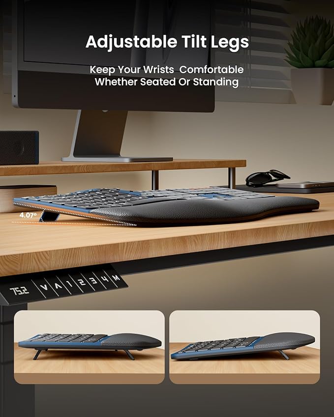 ProtoArc Ergonomic Wireless Keyboard Mouse, EKM01 Plus Full Size Ergo Bluetooth Keyboard Mouse Combo, Split Design, Wrist Rest, Multi-Device, Rechargeable, for Windows/Mac OS - Blue