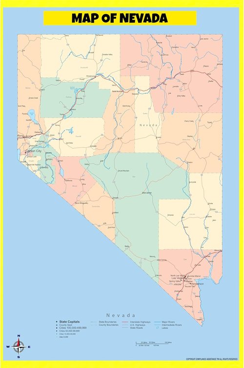 Map Of Nevada - Vivid 36x60 Wall Map Poster | Easy-To-Read Design for Homes, Classrooms & Offices