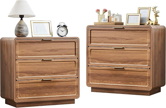 Modern Nightstand Set of 2 for Bedroom, 26'' Wide Wood 3 Drawers Bedside Table, Large Dresser w/Curved Profile Design, Side Table, End Table with Storage Drawers for Living Room, Entryway, Walnut