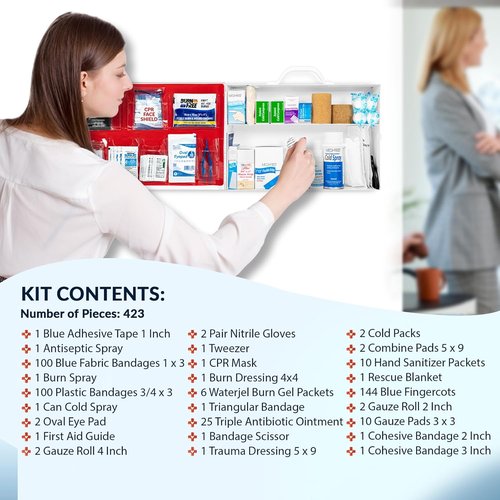 MFASCO First Aid Kit - OSHA 2021 Class A Metal Cabinet for Restaurants | 2 Shelf Wall Mount, Ideal for Food Service & Catering