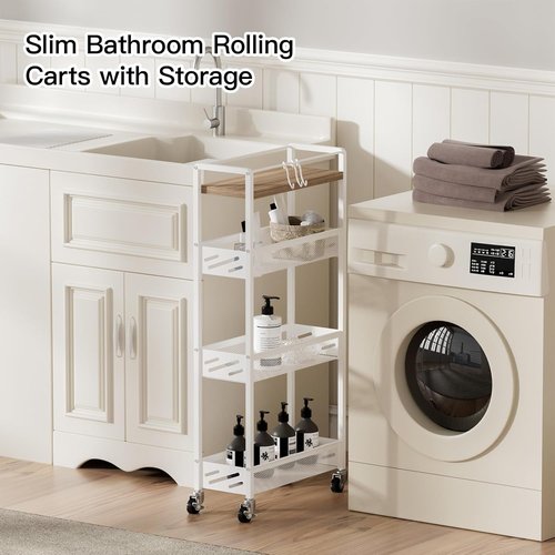 DGSNADGO Slim Rolling Storage Cart - 4-Tier Utility Cart with Handle & Wooden Top | Beige & White