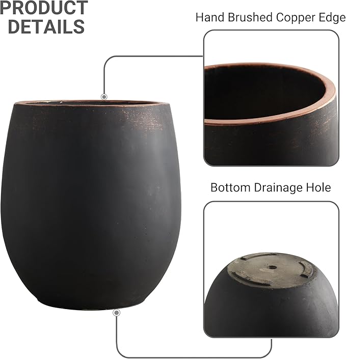 Wallowa 13.3" Dia x 15.3" H Concrete Planter, Outdoor Planter, Black with Gold Rim, Flower Pot with Drainage Hole and Silicone Plug, Plant Container for Garden, Patio, Home, Office, 1 Pack