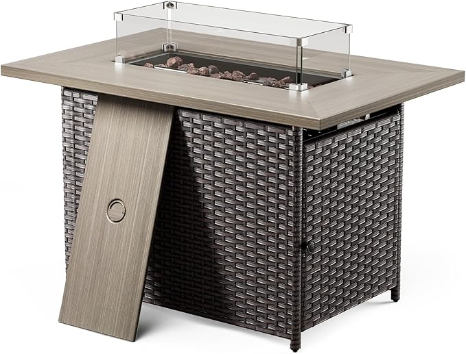 Belord 50000 BTU Propane Fire Pit Table with Lid and Lava Rock, 41 inch Rectangular Outdoor Firepit Wicker Furniture, Fireplace Table Perfect for Relaxed Outside Patio Backyard Ambiance, Brown
