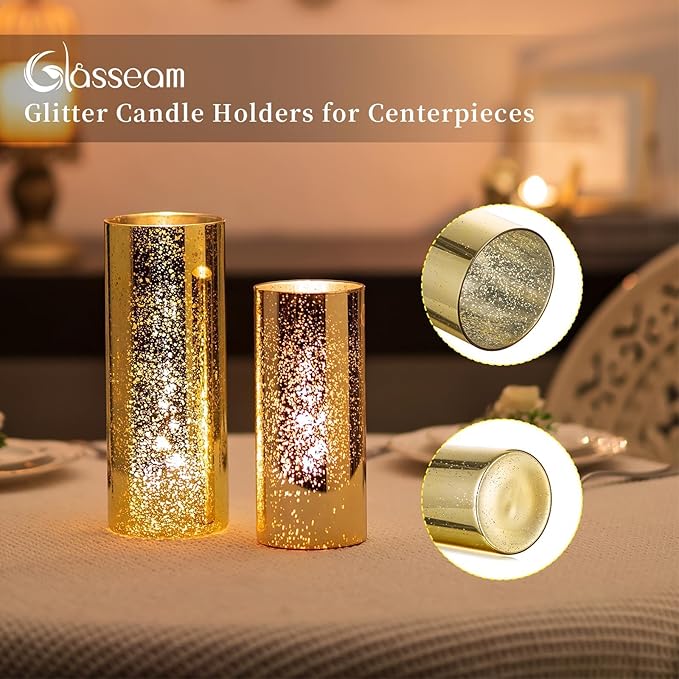 Glasseam Gold Cylinder Vases for Centerpieces: 24 Modern Mercury Hurricane Glass Vase Set for Flowers - Decorative Golden Pillar Candle Holders for Wedding Party Dining Room Table Decor