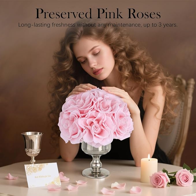 Forever Flowers Preserved Pink Roses in Glass Vase, Flower for Delivery, Eternal Roses Gift for Women, Table Centerpiece Flowers for Home Decor Wedding Birthday Anniversary Party