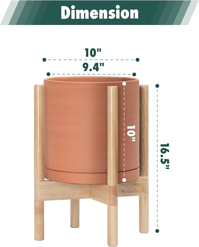 D'vine Dev Terracotta Planter with Natural Stand - 10 Inch Modern Round Flower Pot with Wood Planter Holder, Terracotta, 55-B-K-5