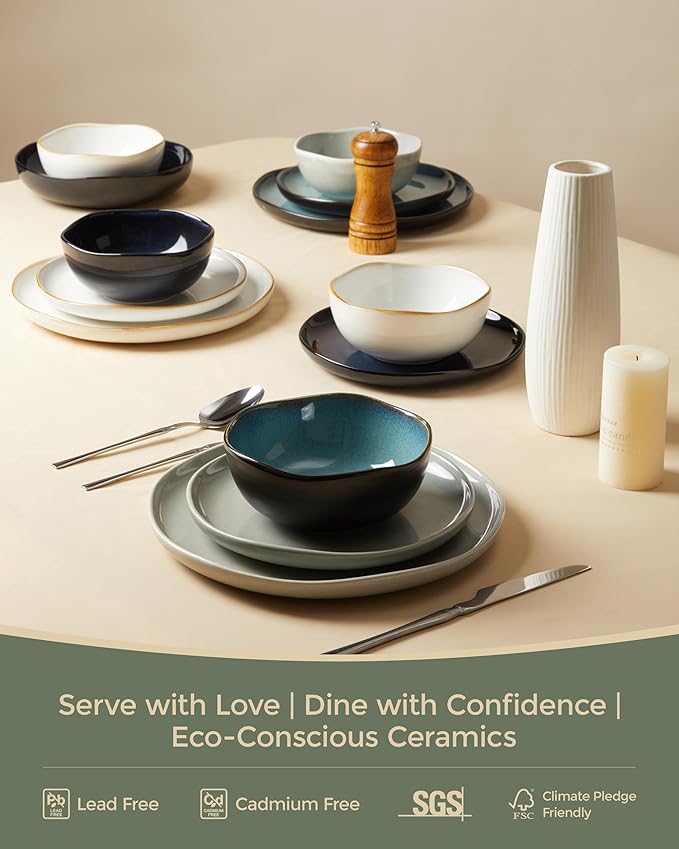 Pokini 32 Piece Dinnerware Set for 8 with Pasta Bowls, Gray Green Reactive Glaze Stoneware | All‑in‑One Host Set for Entertaining, Holiday Meals, Multi‑Course Dish Set | Unique Irregular Look