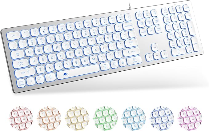 Aluminum Quiet Wired Keyboard Backlit- Slim Chiclet Key Compatible with Apple iMac, MacBook, Mac and PC, USB Keyboard Numeric Keypad RGB Lighted Key - Silver White