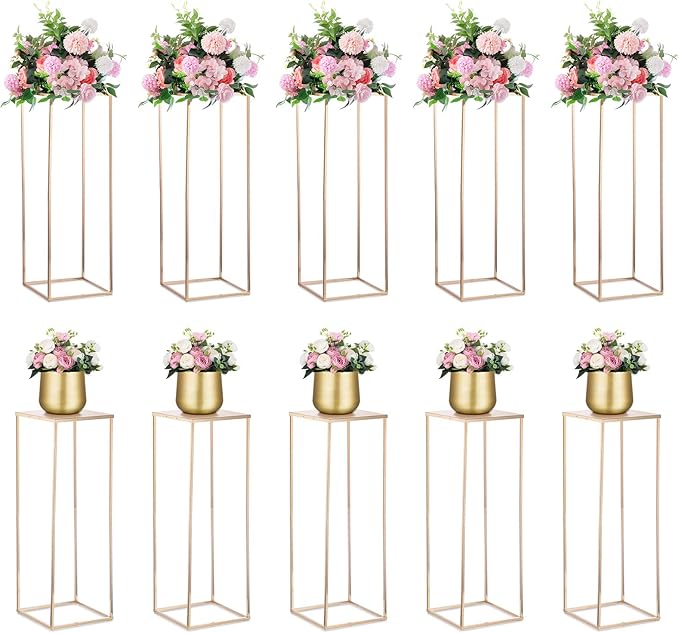 NUPTIO Metal Gold Vase Set for Wedding - 10 Pcs 31.5 inch Tall Cylinder & Square Vases for Centerpieces - Elegant Flower Stand for Party Tables Decorations