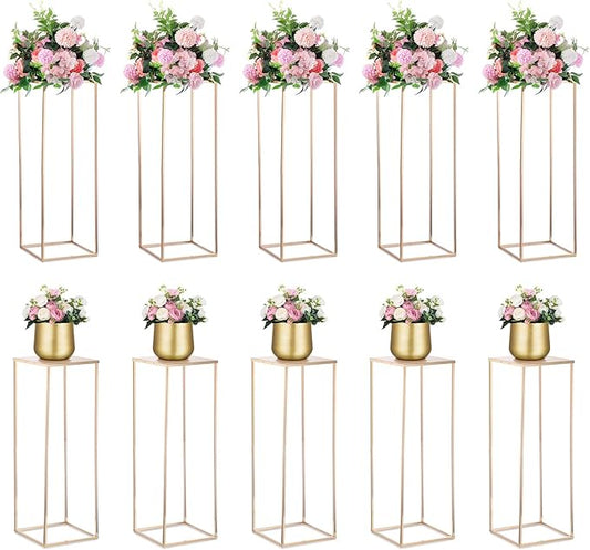 NUPTIO Metal Gold Vase Set for Wedding - 10 Pcs 31.5 inch Tall Cylinder & Square Vases for Centerpieces - Elegant Flower Stand for Party Tables Decorations