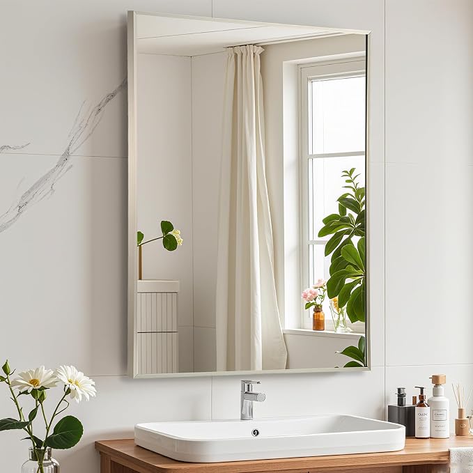 Brushed Nickel Bathroom Mirror, 24"x36" Rectangle Mirror, Brushed Mirror, Metal Frame Square Corner Vanity Mirror, Wall Mounted Mirror for Modern, Living Room, Bedroom, Horizontal Or Vertical
