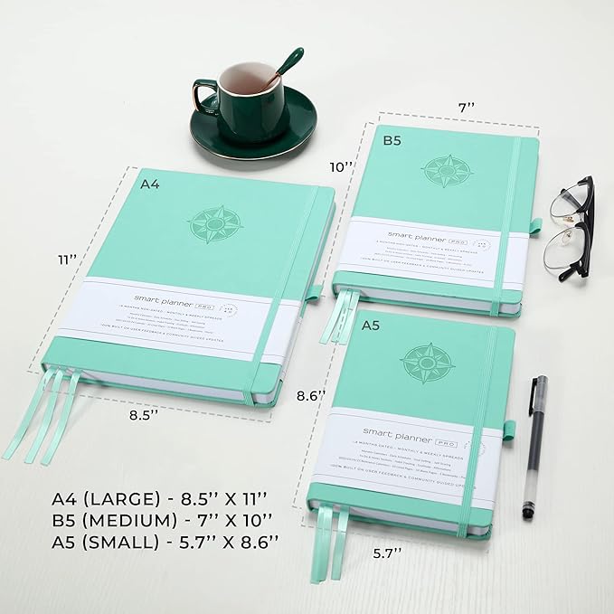 Smart Planner Pro – Medium 10 x 7 inches (B5) – Undated Agenda Daily Planner – Tested & Proven to Achieve Goals & Increase Productivity, Time Management & Happiness with Weekly, Monthly, Gratitude Sections, Back Pocket (Turquoise)