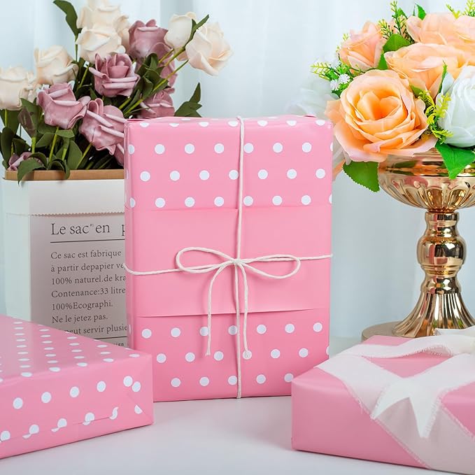 Yarcony Pink Gift Wrapping Paper Roll - 17 Inch X 33 Feet - Lovely Baby Girl Polka Dot Pastel Gift Wrap Paper Birthday Wrapping Present Sheet for Wedding, Baby Shower, Bridal Shower, Valentine's Day
