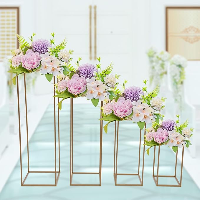 4PC Flower Stand for Wedding Metal Cylinder Stands for Party Rectangular Gold Centerpieces Flower Vase Gold Columns for Weddings Flower Plant Stand Decoration 15.74"/23.62"/31.49"/39.37"