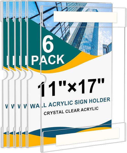 Clear Acrylic Sign Holder 11 x 17 Inches - Wall Mount Vertical Frames with 3M Tape | 6 Pack for Office & Trade Shows