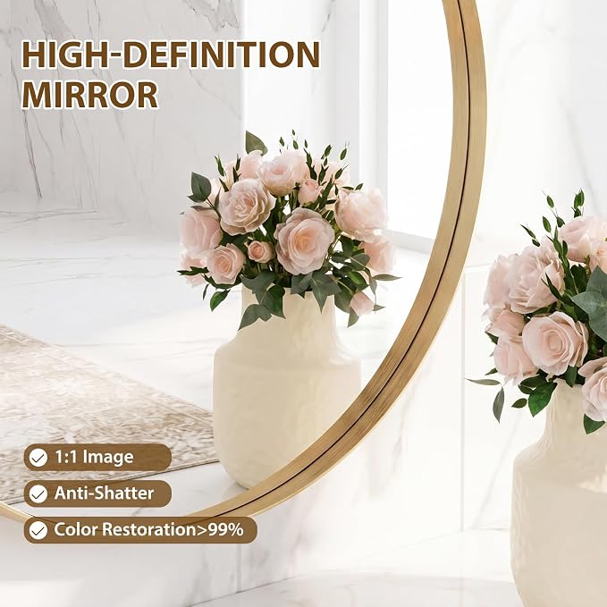 Sweetcrispy Bathroom Round Mirror for Over Sink, 20 Inch Wall Circle Mirror with Matte Metal Frame, Modern Wall Mount Vanity Mirror for Home Decor, Living Room, Bedroom, Gold
