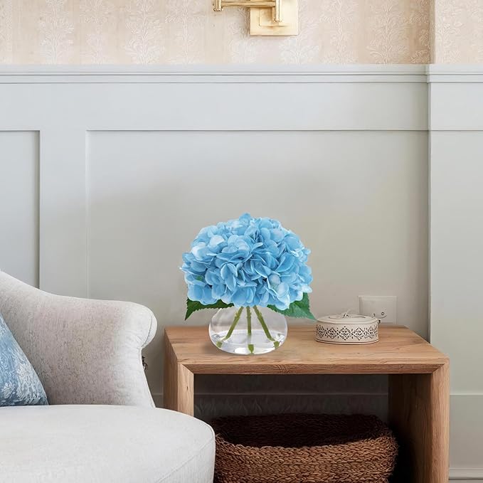 Big Petals Hydrangea Artificial Flowers in Vase, Blue Silk Fake Flowers Silk Centerpiece Table Decorations for Dining Room,Coffee Table Decor,Wedding, Home with Faux Water decorr (Sea Blue)
