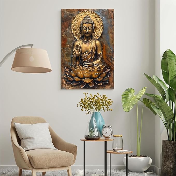 Buddha Wall Art Golden Buddha in Lotus Seat Serene spiritual statue radiant aura Meditation and mindfulness wall art suitable for sacred spaces 32x48in Frameless