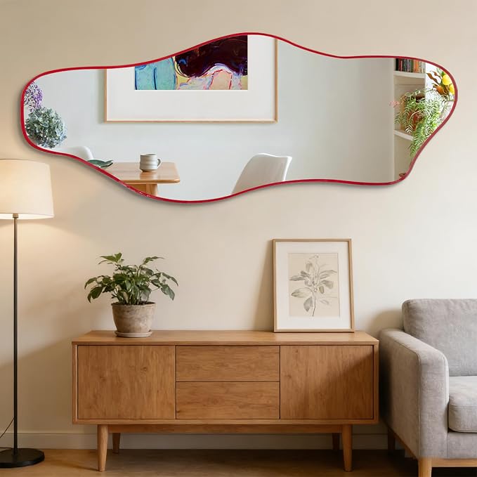Large Irregular Wall Mirror, 60"x24" Red Asymmetrical Tempered Glass Mirror, Frameless Organic Shaped Mirrors for Entryway Hallway Bedroom Living Room, Horizontal or Vertical Hanging