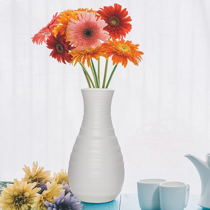 2 Pack Composite Plastics Flower Vase, Unbreakable Ceramic Look Vase for Home Decor Centerpieces, Arranging Bouquets (White)