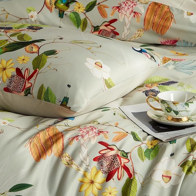 mixinni Duvet Cover Queen Size Set Floral Leaves Pattern Cotton Bird Printed Bedding Duvet Covet Set with Zipper Ties, Perfect for Him and Her, Easy Care, Soft and Breathable-(3pcs, Queen Size)
