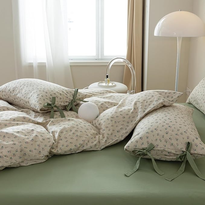 VM VOUGEMARKET Duvet Cover Set Queen 100% Cotton 3 Pcs Girls Green Blossom Flower Comforter Cover with Zipper Closure,Cottagecore Style Duvet Cover + 2 Pillowcases with Bowknot-90x90 Inch