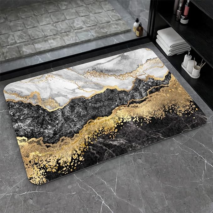 Diatomaceous Earth Bath Mat,Black White Gray Gold Marble Non-Slip Volume Super Absorbent Fast Drying for Bathroom Kitchen Door mat,Eco-Friendly Easy to Clean 16×24Inch (40 * 60cm)