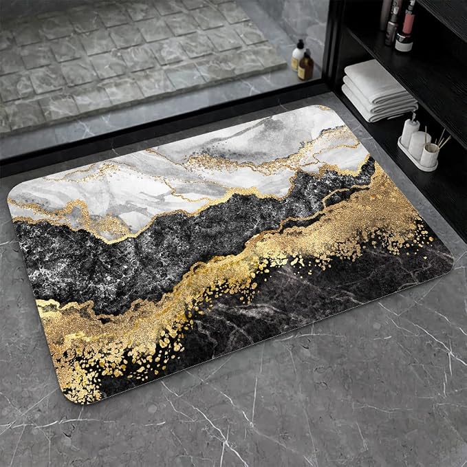 Diatomaceous Earth Bath Mat,Black White Gray Gold Marble Non-Slip Volume Super Absorbent Fast Drying for Bathroom Kitchen Door mat,Eco-Friendly Easy to Clean 20×31Inch (50 * 80cm)