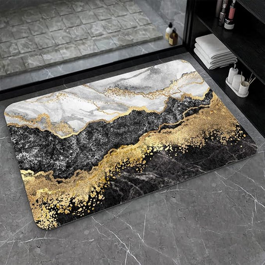 Diatomaceous Earth Bath Mat,Black White Gray Gold Marble Non-Slip Volume Super Absorbent Fast Drying for Bathroom Kitchen Door mat,Eco-Friendly Easy to Clean 20×31Inch (50 * 80cm)