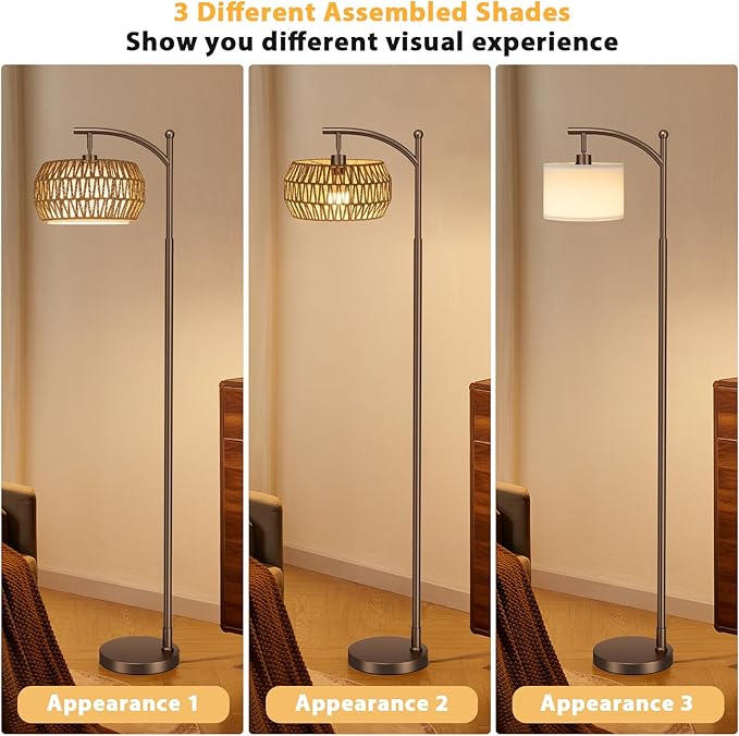 Ambimall Arc Floor Lamp for Living Room with Remote, Color Temperature & Brightness Adjustable, Bohemia Standing Lamp with Rattan & Fabric Double Drum Shades, Bulb Included(Brown)