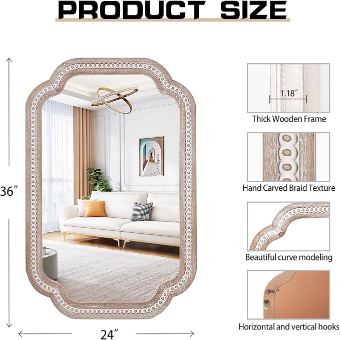 36x24 Inch Boho Wooden Scalloped Decorative Wall Mirror, Rustic Farmhouse Bathroom Mirrors for Over Sink, Entryway, Living Room, Bedroom, Hallway, Vertical or Horizontal
