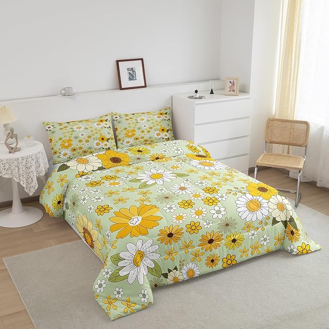 Vintage Floral Comforter Set Twin Size,Boho Spring Fresh Flowers Bedding Comforters Bedroom Decor,Trippy Hippie Groovy Botanical Microfiber Duvet Set for Kids Teens,2 Pcs