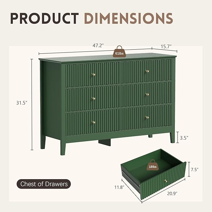 Green Dresser for Bedroom, 6 Drawers Fluted Chest of Drawers with Storage, Modern Wide Storage Dresser with Paint Design, Wood Drawer Organizer Green Dressers for Hallway, Entryway