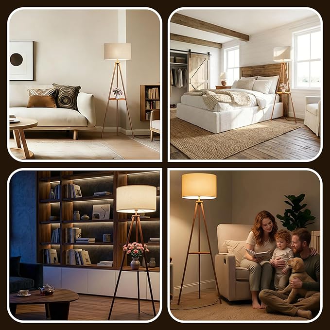 58.3" Mid-Century Tripod Floor Lamp with Shelf, Hidden Wiring, RGB Dimmable Bulb Included, Remote & App Control, Iron Corner Standing Lamp with Linen Shade for Living Room Bedroom