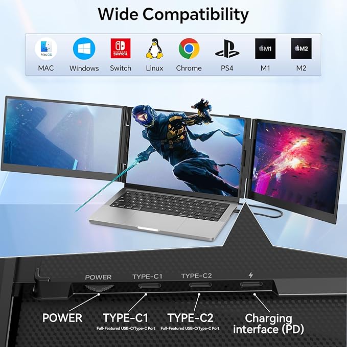 POTTMACEE 14.2’’ Triple Laptop Screen Extender, 0.17" Ultra-Slim FHD 1080P Portable Monitor for Laptop, Tri-Screen Travel Monitor Extender, Plug-Play for Windows/Mac/Chrome, Fit 13”-17.3” Laptops