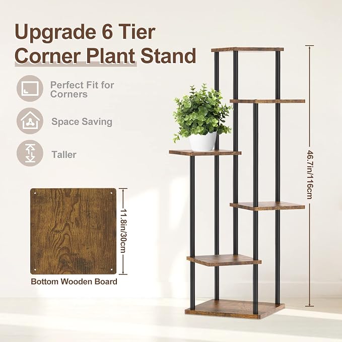 Oppro 6 Tier Tall Plant Stand Indoor Outdoor, Large Wood Metal Planter Shelf Holder for Narrow Corner, Sturdy Vertical Multiple Flower Orchid Pot Decorative Rack for House Living Room Bedroom Office, Rustic Black