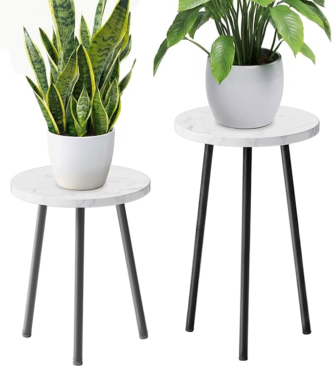 Plant Stand Indoor Tall: Corner Wood Plant Stand 2 Pack Mid Century Modern Decor - Small Round Plant Table for Indoor Plants - Outdoor Plant Holder for Patio Living Room Bathroom Office (White Marble)
