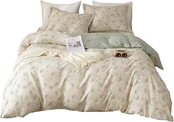 EAVD Boho Floral Duvet Cover Queen Soft 100% Cotton Garden Green Floral Bedding Set for Girls Women with 2 Pilowcases Reversible Floral Botanical Duvet Cover with Zipper Closure
