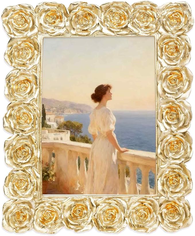 Rose 4x6 Picture Frame, Gold Vintage Antique Picture Frames with Glass Front, Elegant Retro Carved Ornate Photo Frame, Resin Photo Frames for Tabletop or Wall Hanging, Vertical or Horizontal Photos Display
