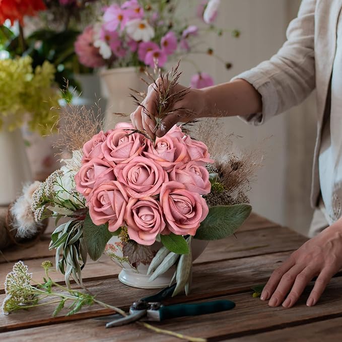12 Pcs Artificial Rose Flowers, Silk Roses with Long Stems, Realistic Fake Roses for Wedding Centerpiece Party Home and Office DIY Decor, Cappuccino