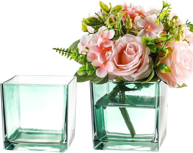MARTAGE Square Green Glass Vases Set of 2, 6" x 6" x 6" Square Vase for Centerpieces, Flower Vases for CenterpieSquare Vaseces, Small Vase for Wedding, Party, Home Office Decoration