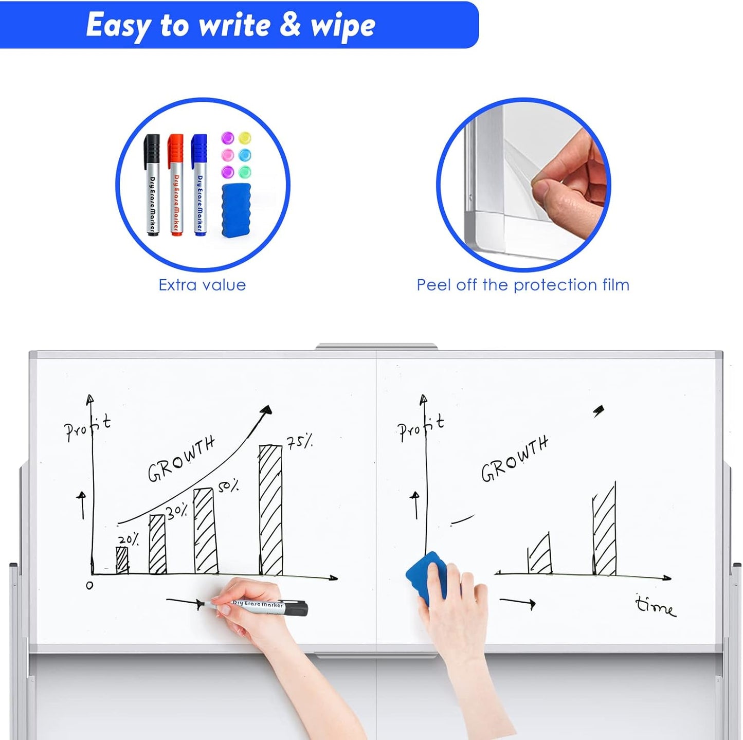 Skiennix Height Adjustable Dry Erase Whiteboard - 72x60 Inches Mobile Magnetic Easel for Office & Classroom