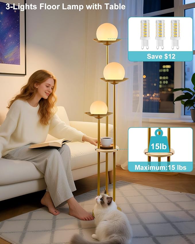 63IN Globe Floor Lamp with Shelf 3-Lights Modern Dimmable Floor Lamps with 3000K Soft Warm White Bulbs for Wedding/Party, Gold Tall Standing Lamp with 5Lbs Heavy Base for Living Room/Bedroom