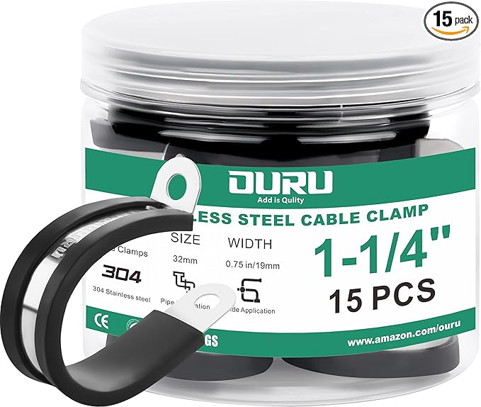 OURU 15pcs 1-1/4 Inch Stainless Steel Cable Clamps,Rubber Coated Cushioned Insulated Cable Clamp,Automotive Cable Wire Clamps,Pipe Clamps,Metal Clamp for Tube,Lines,Wire Cord Installation(Black,32mm)