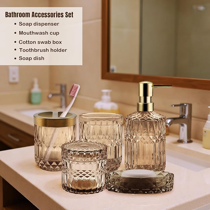 5Pcs Brown Bathroom Accessories Set, Glass Bathroom Accessories, Vintage Bathroom Countertop Decoration Includes Soap Dispenser, Toothbrush Holder, Qtip Holder,Soap Dish and Rinsing Cup