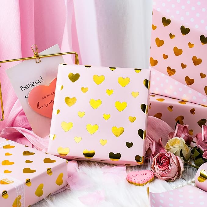 Yarcony Pink Wedding Wrapping Paper, Gold Heart Gift Wrapping Paper, Reversible Love-Themed Girl Gift Wrap for Anniversary Birthday Valentine's Day Mother's Day Christmas(17 Inch X 33 Feet)