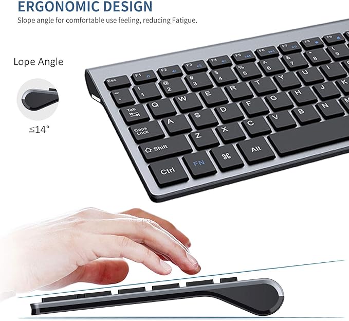 FENIFOX Keyboard and Mouse Wireless, USB 2.4GHz Combo Silent Quiet Low Profile Compact Full Size Flat Slim Thin Portable with Number Pad Soft Cover for PC Laptop Computer Office - Black & Grey